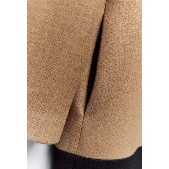 Camel Brown Black Zara Wool-Blend Double Breasted V-Neck Long Sleeve Coat (NWT) - Picture 5 of 11
